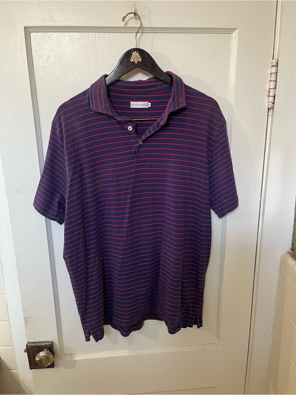 Southern Proper Men's Navy & Red Striped Polo Shirt Size XL EUC